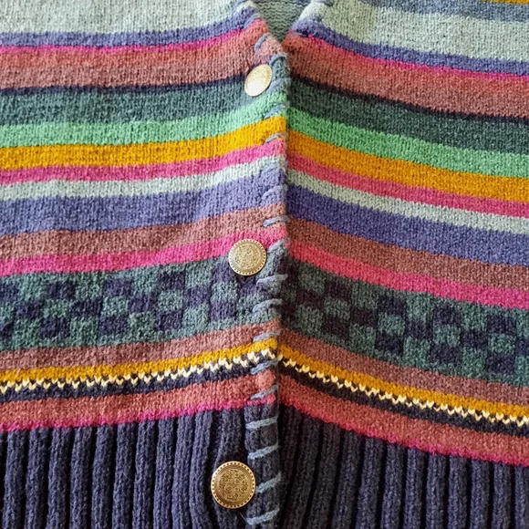L.L. Bean Multicolor Stripe V-Neck Cardigan - Navy, Teal, Burgundy, Gold - Picture 2 of 9